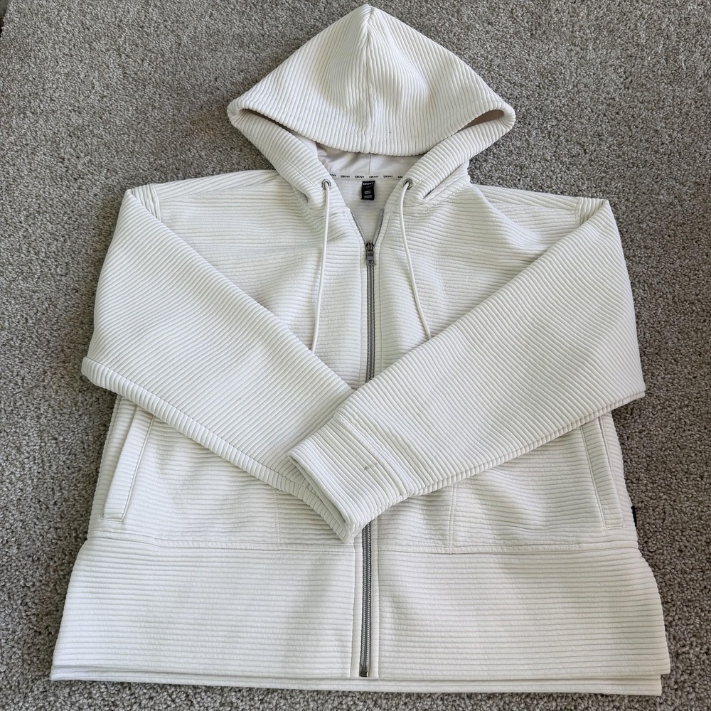 DKNY Hoodie Womens Medium White Ribbed Knit Full Zip Lined Sweatshirt Jacket